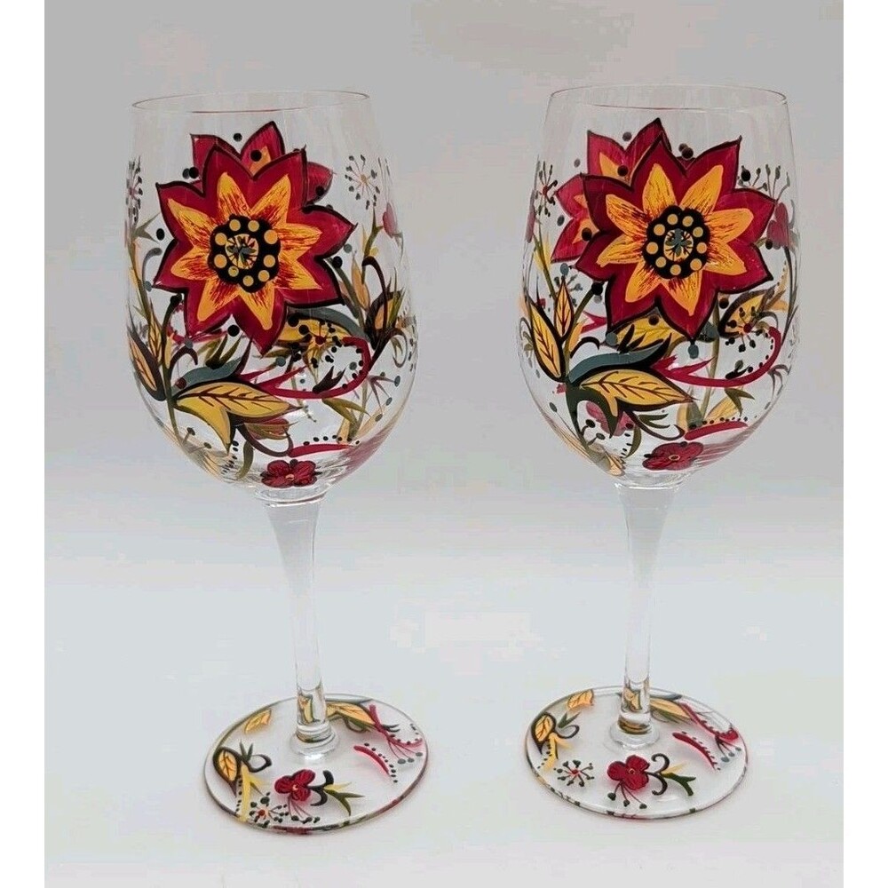 Pier 1 Carynthum Wine Glasses Hand Painted Fall Floral Set Of 2